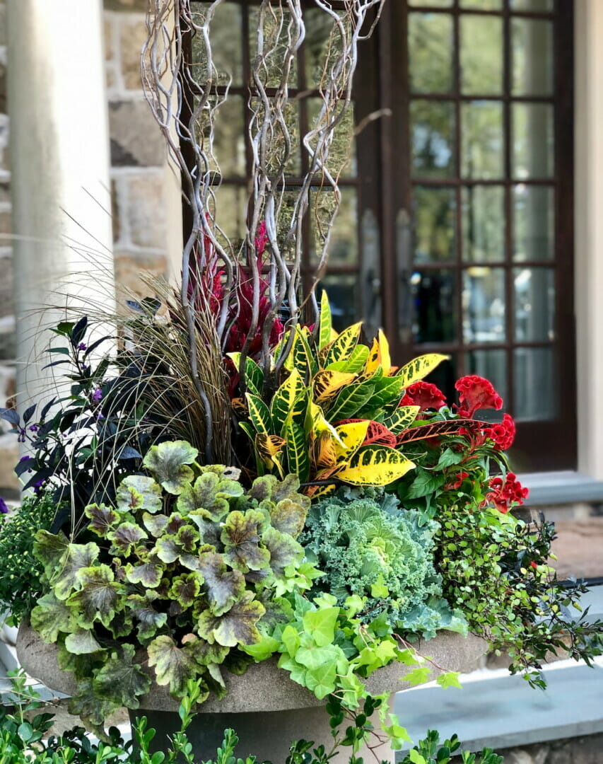 Fall plants and flowers in a beautiful urn