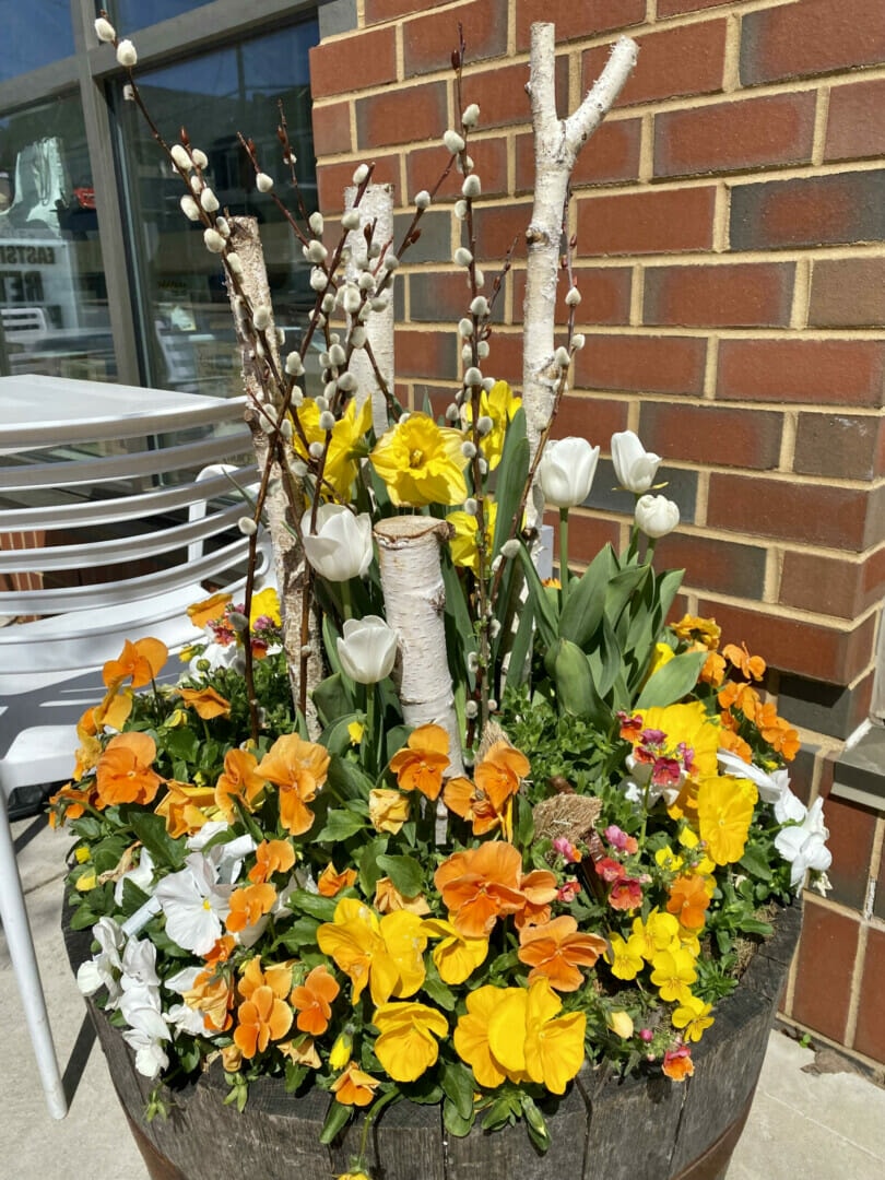 Spring flowers in a container outside of a restaurant
