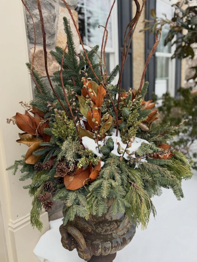 Winter planters continue to add a touch of freshness & warmth to your doorsteps. They make your entranceways welcoming throughout the winter season. #urnedelegance #prettyplantersforeveryseason #plantjoy #winterplanters #curbappeal
